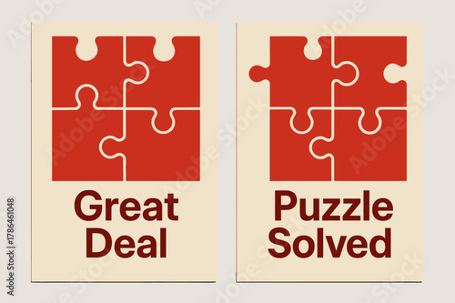 Puzzle Promotion Banners. DEAL. Two vertical A6 banners with safe margins, centered composition, no elements touching edges, geometric, red and beige, puzzle