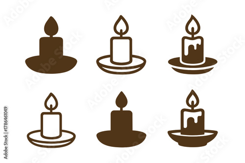 Cozy Corner Logos. Setting up a cozy corner with comfy seating for casual chats. Set Logo of cozy corner: soft glowing candle on tray. Icon set. harmonious
