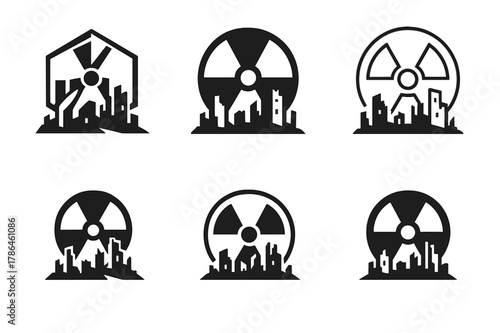 Post-Apocalyptic Logo Designs. Post-apocalyptic societies. Set Logo of Post-apocalyptic societies: radiation sign over ruined skyline. Icon set. harmonious