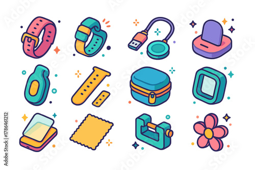 Wearable Accessories Icons. Wearable accessories. Colorful isometric vector icons set of Wearable accessories: watch band, magnetic clasp, charging cable,