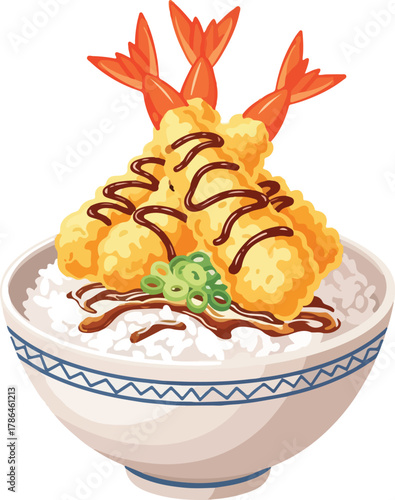 Delicious Japanese Shrimp Tempura Donburi Bowl Illustration on White Background