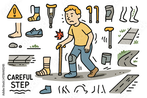 Injured Stride Illustration. Careful step. Hand-drawn doodle illustration person walking (colored), uneven stride (colored), crutch (colored), cane (colored),