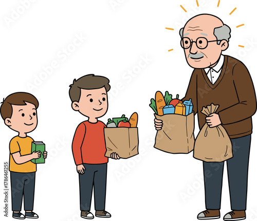 Two boys helping elderly man carry groceries, kindness and respect for seniors, community care concept, flat cartoon vector illustration design
