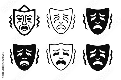 Fear Mask Logos. Fear mask. Set Logo of Fear mask: theatrical mask with tremor. harmonious logo variations of the same emblematic concept, each with different