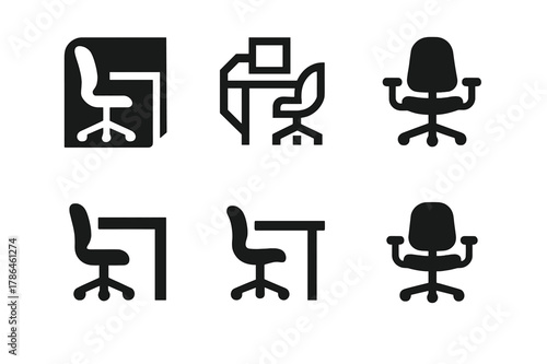 Ergonomic Workspace Logos. Remote work hubs. Set Logo of remote work hubs: ergonomic chair and desk icon. Icon set. harmonious logo variations of the same