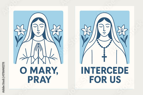 Marian Prayer Banners. Marian Intercession. Two vertical A6 banners with safe margins, centered composition, no elements touching edges, flat vector design,