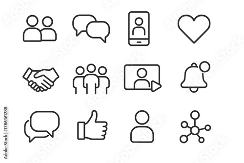Friendship Network Icons. Friendship network. Line outline icon set of friendship network: people icons, chat
