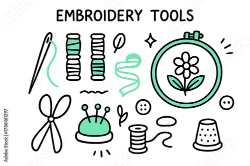 Vibrant Embroidery Tools. // Embroidery tools. Hand-drawn doodle illustration Embroidery tools [needle (accented), hoop (accented), colored threads (accented),