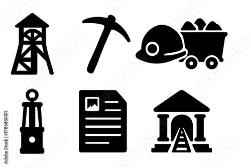 Mining Icons Set. Mining history. Filled icon set of mining history: mine shaft, vintage pickaxe, helmet, coal