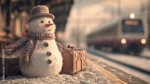 Winter Christmas Train Travel. Cute Snowman with Suitcases at Train Station on Snowy Day Depicts Winter Travel and Holiday Spirit. Image Made Using Generative AI.