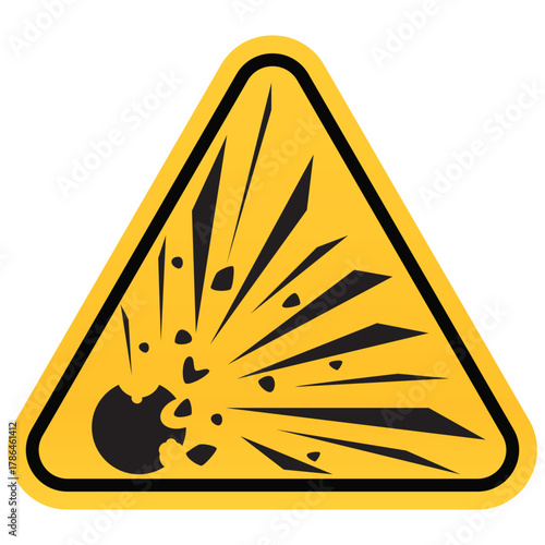 Explosive material warning sign yellow triangle hazard symbol vector illustration for safety and caution notices