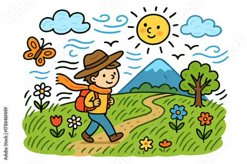 Windy Meadow Adventure. windy meadow. Colorful Hand-drawn doodle Children illustration windy meadow person, tall grass, wind, mountain, clouds, sun, birds,