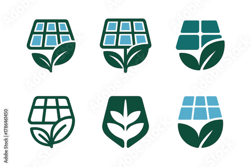 Smart Agriculture Logos. Smart agriculture solutions. Icon set. Set Logo of Smart agriculture solutions: solar panel with leaf integration. harmonious logo