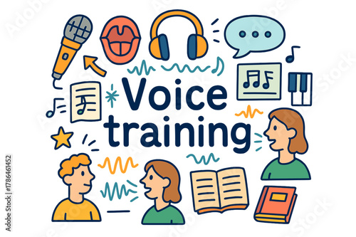 Voice Training Doodle. Voice training. Hand-drawn doodle illustration of voice training. Microphone, vocal