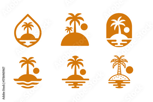 Tropical Escape Logos. Island. Set Logo of Tropical Escape: Abstract geometric, Filled silhouette, Negative space, Flat solid, Symmetrical form, Stylized