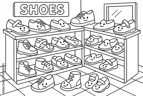 Cartoon Shoe Store. Shoe store children?s coloring book illustration, outlined drawing, cartoon shop with
