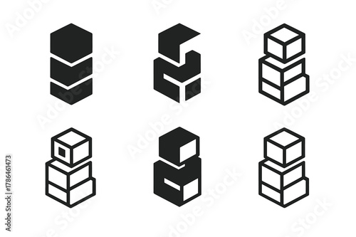 Urban Living Icons. Innovative solutions for urban living. Icon set. Set Logo of innovative solutions for urban living: modular micro-apartment unit stack.