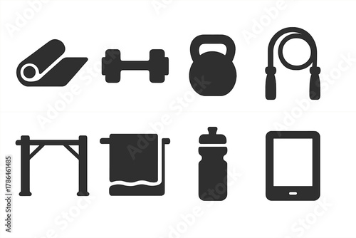 Home Gym Essentials. Home gym. Filled icon set of home gym: yoga mat, dumbbell, kettlebell, jump rope, pull-up