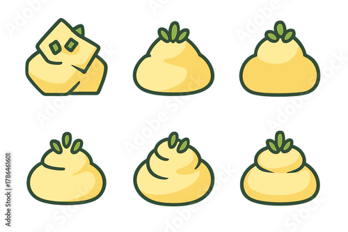 Mashed Potato Logos. Mashed potato mound. Icon set. Set Logo of mashed potato mound: mashed potatoes with chives. harmonious logo variations of the same