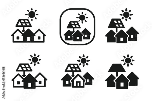 Sustainable Energy Logos. Sustainable energy startups. Icon set. Set Logo of Sustainable energy startups: microgrid house cluster. harmonious logo variations
