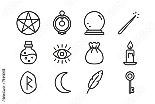 Occult Talisman Icons. Occult talisman kit. Line outline icon set of occult talisman kit: pentagram, amulet,