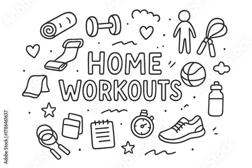 Home Workout Doodle. Home Workouts. Hand-drawn doodle illustration of Home Workouts. yoga mat, dumbbell,