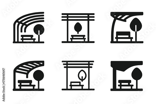 Park Architecture Icons. Architecture of public parks and green spaces. Icon set. Set Logo of architecture of public parks and green spaces: modern pergola