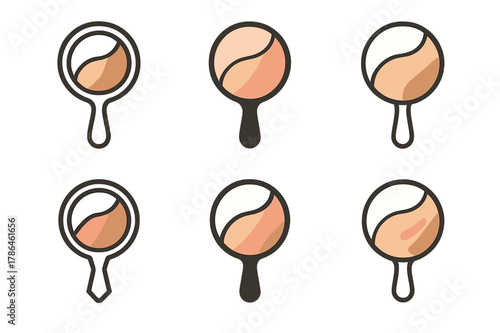 Cosmetic Logo Variations. Blush, highlighter, and bronzer trio. Set Logo of Blush, highlighter, and bronzer trio: handheld mirror reflecting cheek glow. Icon