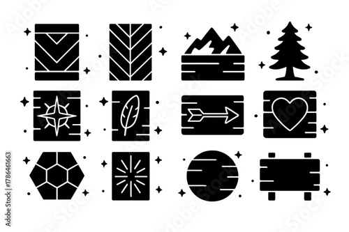 Reclaimed Wood Art Icons. Rustic wall art from reclaimed wood. Solid icons set of Rustic wall art from reclaimed wood: chevron panel, herringbone panel,