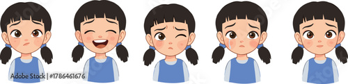 Cute little girl cartoon showing different emotions, facial expressions of happiness sadness confusion crying, vector illustration for education, animation, design, emotion learning concept