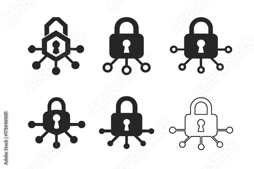 Cybersecurity Logo Variations. Cybersecurity protocols. Set Logo of cybersecurity protocols: secure network nodes. Icon set. harmonious logo variations of the
