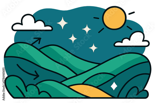 Tranquil Hills Scene. Rolling hills. Scenic landscape with undulating green hills under blue sky, abstract floating clouds, sun, and sparkles;