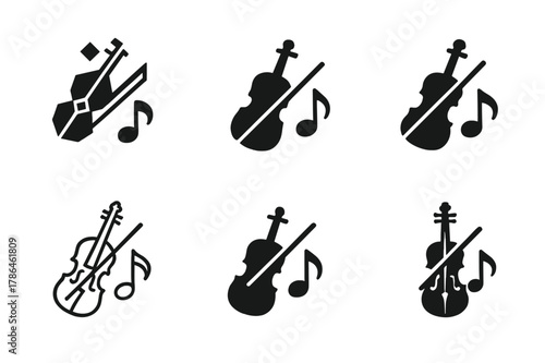 Violin Serenade Logos. Romantic candlelit dinners. Set Logo of violin serenade: violin and bow with note. Icon set. harmonious logo variations of the same