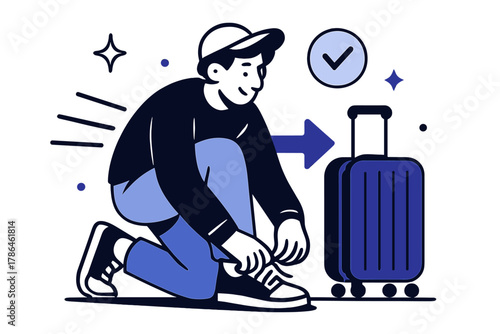 Traveler in Motion. Casual traveler. Person tying shoelaces after checkpoint; glowing motion lines and