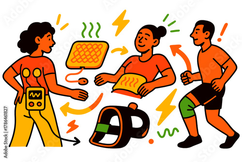 Innovative Pain Relief Devices. Chronic pain relief tools. A glowing set of devices like TENS units, heat pads