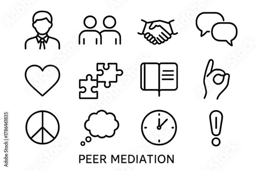 Peer Mediation Icons. Peer mediation. Line outline icon set of peer mediation: mediator, two people, handshake