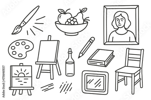 Artistic Still Life. Realism painting. Hand-drawn doodle illustration realism painting brush, fruit bowl, portrait, light rays, frame, palette, easel, pencil,