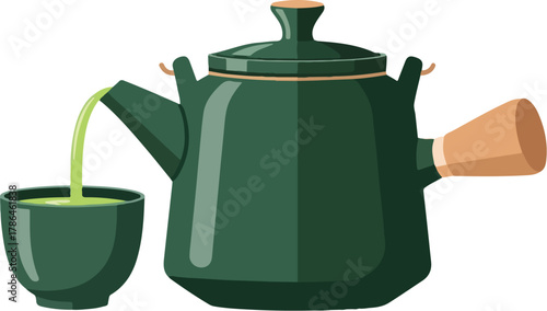 Traditional Japanese Kyusu Teapot Pouring Vibrant Green Matcha Tea into a Cup