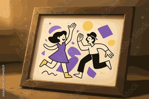 Vintage Geometric Nostalgia. Dusty Photograph. Vintage photograph leaning against an old frame with floating abstract geometric dust shapes and soft light,