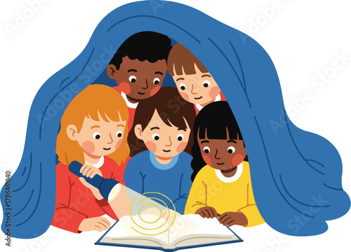 Diverse Group of Children Reading a Book Together Under a Blue Blanket with a Flashlight