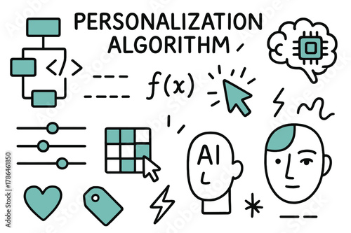 Personalization Algorithm Doodle. // Personalization algorithm. Hand-drawn doodle illustration Personalization algorithm [flowchart (accented), code brackets