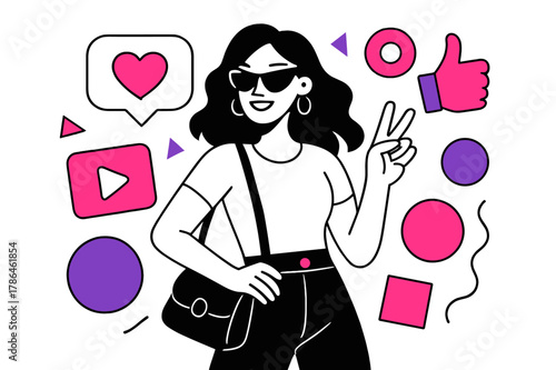 Trendy Influencer Vibes. Celebrity Influencer. Influencer posing with accessories and floating abstract geometric social media shapes, stylish and trendy