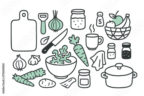 Accent Kitchen Doodles. // Kitchen counter. Hand-drawn doodle illustration kitchen counter [cutting board (accented), peeler (accented), knife, onion