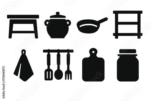 Rustic Kitchen Icons. Rustic kitchen elements. Filled icon set of rustic kitchen elements: wooden table, clay