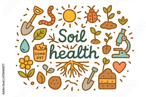 Soil Health Doodle. Soil health. Hand-drawn doodle illustration of soil health. Roots, shovel, worm, compost,