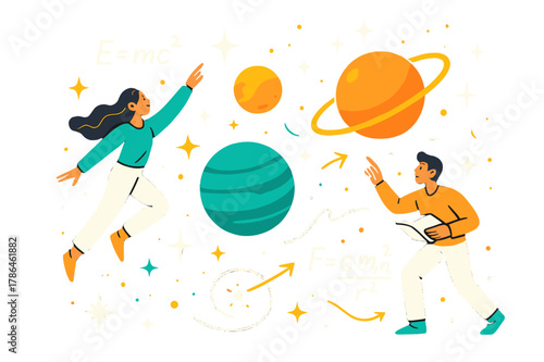 Cosmic Theories Illustrated. Astrophysics and theoretical models of the universe. Stylized glowing planets,