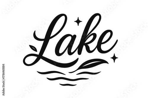 Serene Lake Script. Script Hand-Lettering ? "Lake" in flowing brush script, semi-cursive with fluid strokes, slight upward tilt to convey calm and serenity,