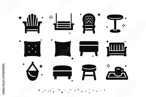 Porch Seating Icons. Porch Seating. Solid icons set of Porch Seating: adirondack chair, porch swing, wicker chair, side table, cushion, throw pillow,
