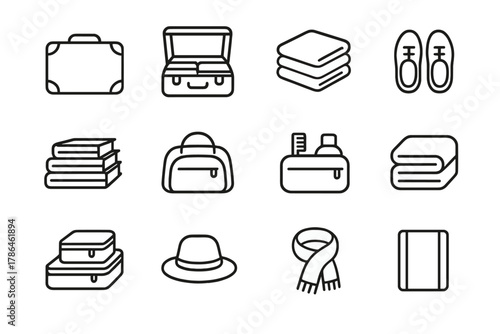 Organized Trunk Icons. Trunk with organized items. Line outline icon set of Trunk with organized items: closed