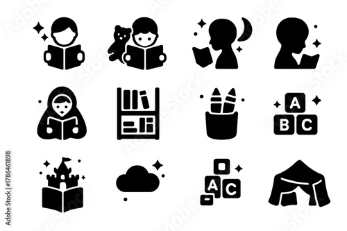 Whimsical Reading Icons. Children Reading. Solid icons set of Children Reading: storybook, teddy bear, stars, moon, child silhouette, blanket, bookshelf,
